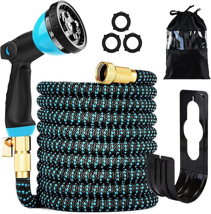 50 ft Expandable Garden Hose - Kink Free Flexible Water Hose with Thumb-Controlled 10-Function Nozzle, 3/4 Solid Brass Connectors, Retractable Latex Core - Lightweight Expanding Hose