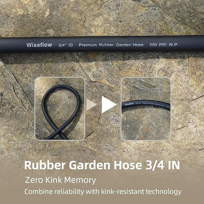 WiseFlow Garden Hose 50FT x 3/4", Heavy Duty Rubber Hose, 1000PSI Burst, 300PSI Working, Water Hose with Five Layered Braiding, Male Female Fittings (Black)