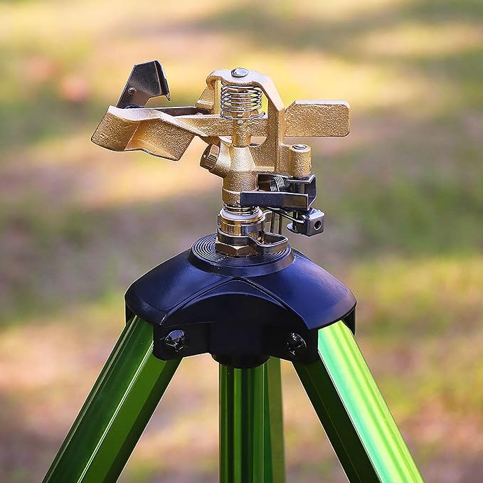 Triumpeek Impact Sprinkler on Tripod Base with Stakes, 360 Degree Large Area Coverage Irrigator with Extension Legs, Adjustable Brass Sprinkler Head Nozzle and 3/4" NH Inlet Hose Connection (1)
