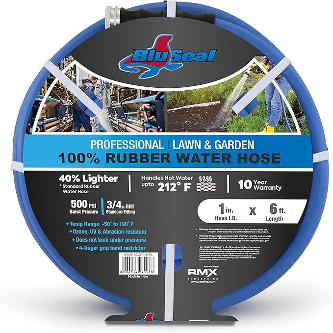 BluSeal Hot/Cold Water Rubber Garden Hose, 100% Rubber, Ultra-Light, Super Strong, 500 PSI, 50F to 190F Degrees, High Strength Polyester Braided (1" x 6')