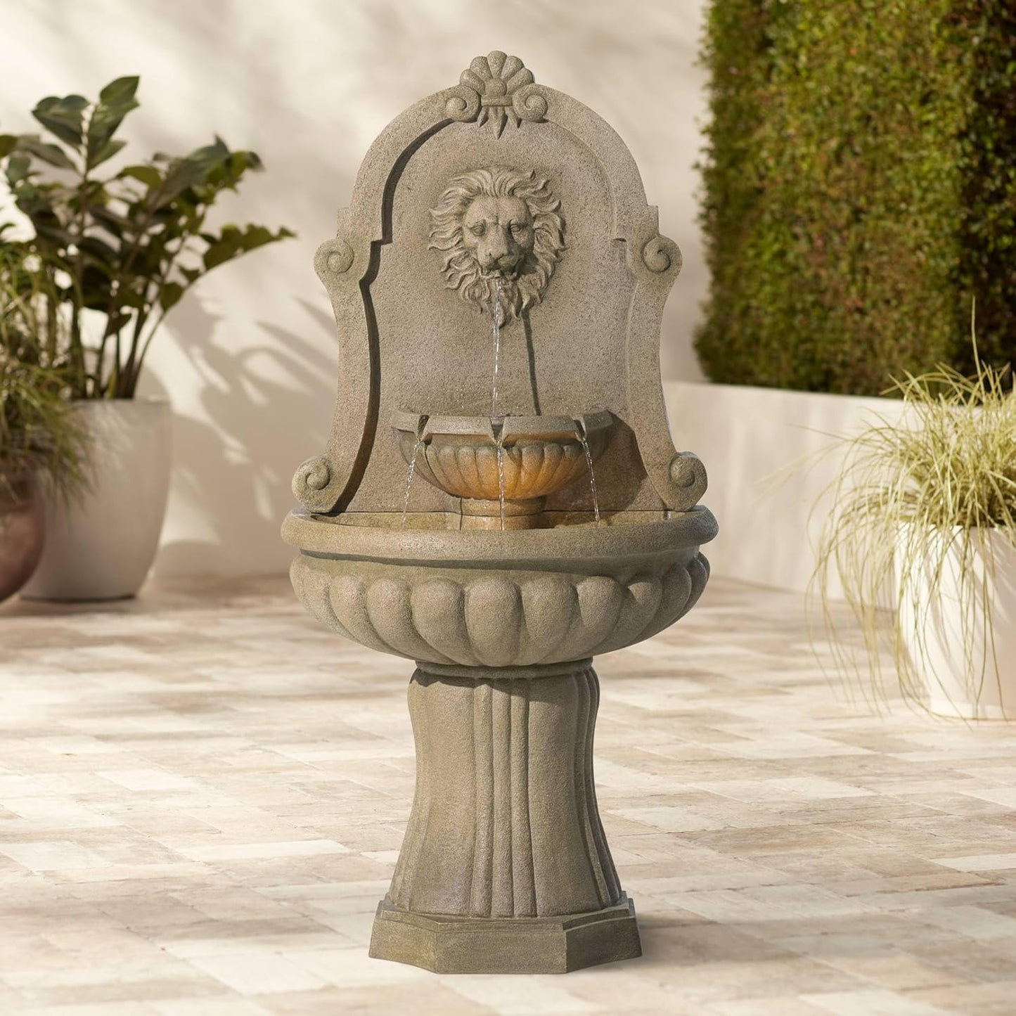 Royal Savanna Lion 58" High Large Italian Indoor Outdoor Decor Faux Stone Floor Fountain with Light LED Tiered Standing Basin Water Feature for Outside Garden Patio Yard Backyard - John Timberland