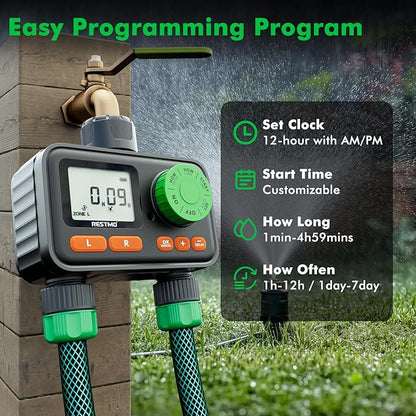 RESTMO 2 Zone Sprinkler Timer, Programmable Water Timer for Garden Hose, Automatic Control | Manual ON/Off | Rain Delay for Outdoor Faucet, Drip Irrigation and Lawn Watering System