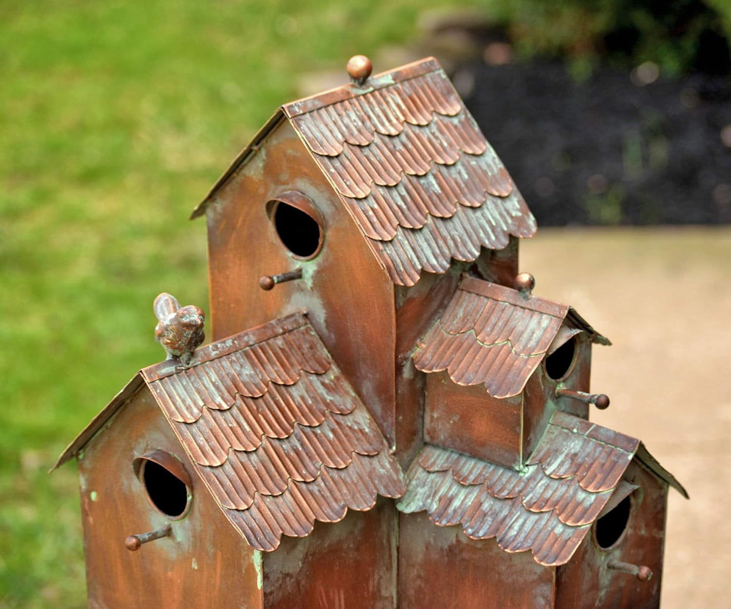 Large Copper Colored Multi-Birdhouse Stakes, Room for 4 Bird Families in Each (Rectangular Houses with Classic Roofs)