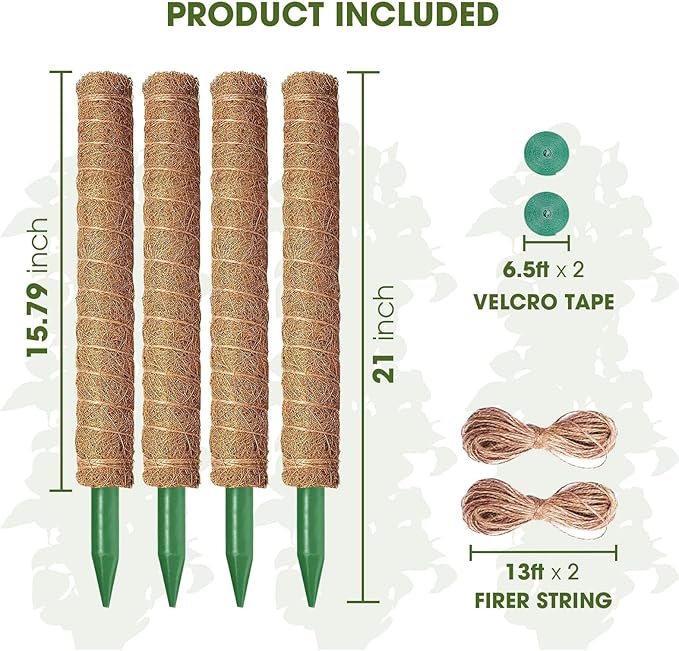 4 Pcs 21 Inch Moss Pole Monstera Plant Support, 68 Inch Moss Poles for Climbing Plants, Coco Coir Plant Stakes Support for Indoor Plants Moss Pole Sticks for Climbing Potted Live Plants, Philodendron