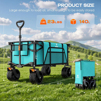 Navatiee Big Wheels Collapsible Wagon Cart Foldable, Heavy Duty Beach Wagon with Silent All-Terrain Wheels, Folding Utility Grocery Cart with Side Pocket and Brakes for Camping Garden Sports, Blue