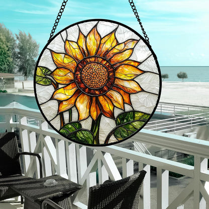 Stained Glass Window Hanging - Sunflower Flower Suncatcher Ready to Hang Window Doors Home Decoration and Christmas, Mother's Day Birthday Gifts for Women, Men, and Mom 14.9x14.9 in
