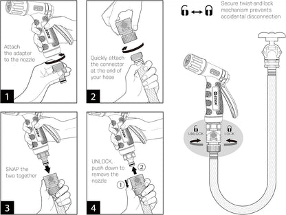 Eden 94844 Heavy Duty Metal Garden Hose Nozzle,HIGH Pressure 4-Pattern Watering Sprayer W/Quick Connector Set for Watering Garden, Lawns, Plants, Showering Pets, Washing Car