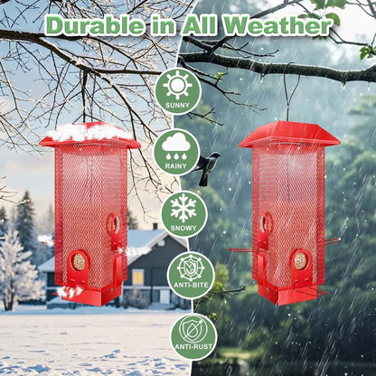 Squirrel Proof Bird Feeder, 2.5LB Metal Wild Bird Feeder with Weight-Activated Spring, Heavy-Duty Outdoor Hanging Birdfeeders for Cardinals, Blue Jays, Finches (Red)
