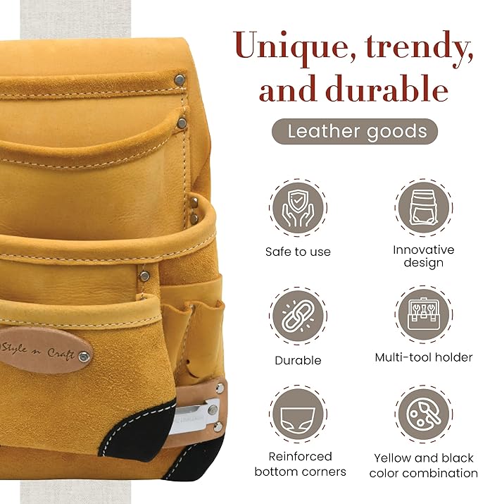 Style n Craft 10-Pocket Carpenter’s Nail & Tool Pouch with Tape Clip, Heavy-Duty Leather Tool Pouch, Perfect and Durable Full-Grain Leather Pouch, Yellow with Black Leather Corners (93924)