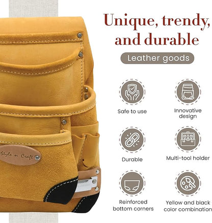 Style n Craft 10-Pocket Carpenter’s Nail & Tool Pouch with Tape Clip, Heavy-Duty Leather Tool Pouch, Perfect and Durable Full-Grain Leather Pouch, Yellow with Black Leather Corners (93924)