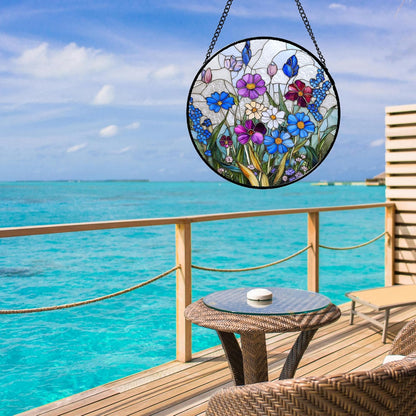 Stained Glass Window Hanging Blue Purple Wildflowers 9.8" - Suncatcher Door Garden Sunroom Sun Catcher Home Decor Birthday Christmas for Mom Men Woman Nana Friend