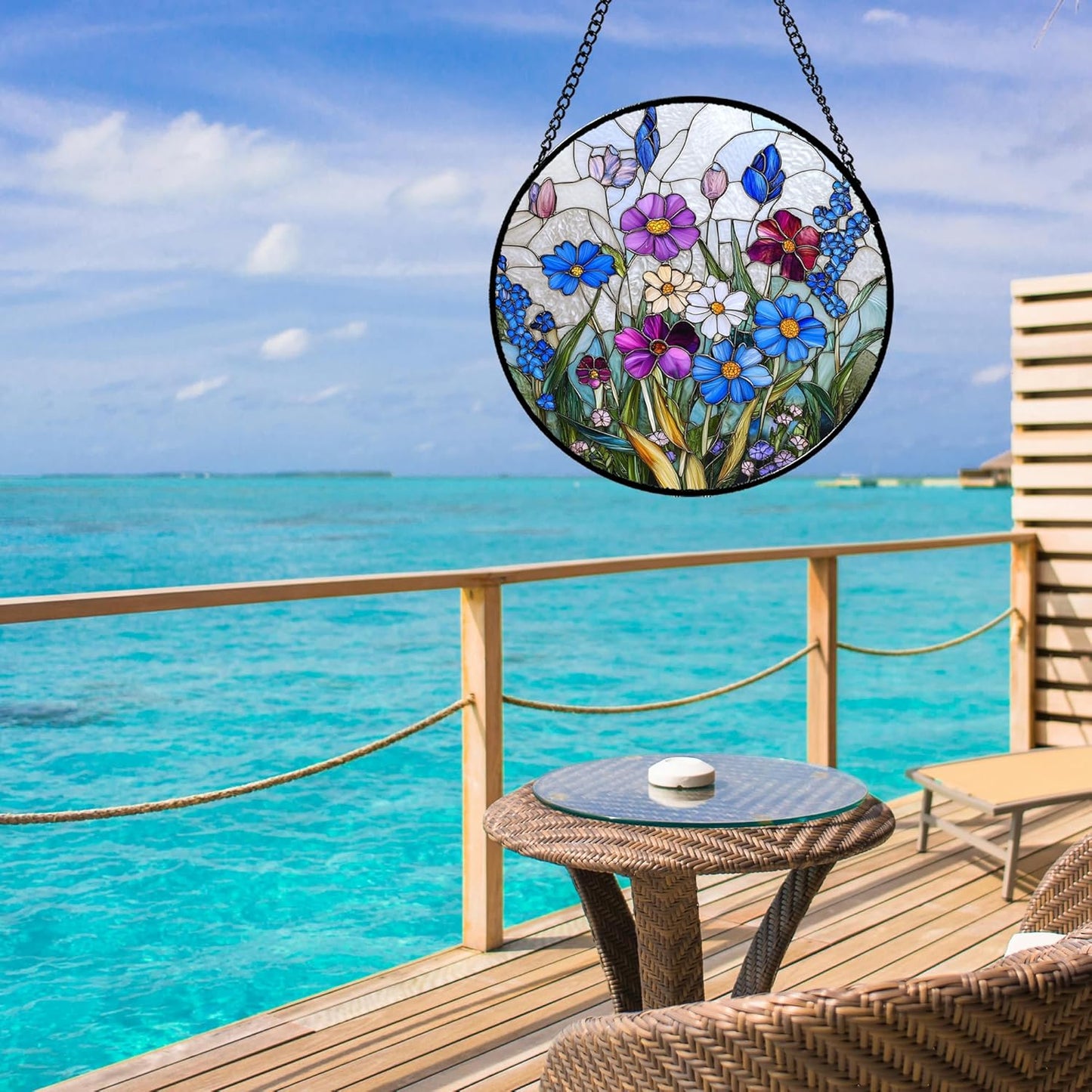 Stained Glass Window Hanging Blue Purple Wildflowers Large 15" - Suncatcher Door Garden Sunroom Sun Catcher Home Decor Birthday Christmas for Mom Men Woman Nana Friend