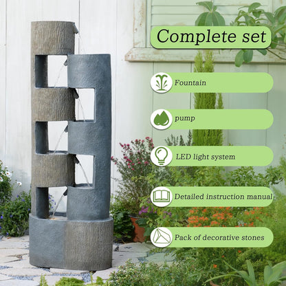 51 Inch Outdoor Water Fountain with LED Lights Tiered Waterfall Fountain Garden Water Feature Durable Resin Fiberglass with Pump Stones Weatherproof Indoor Outdoor Patio Decor