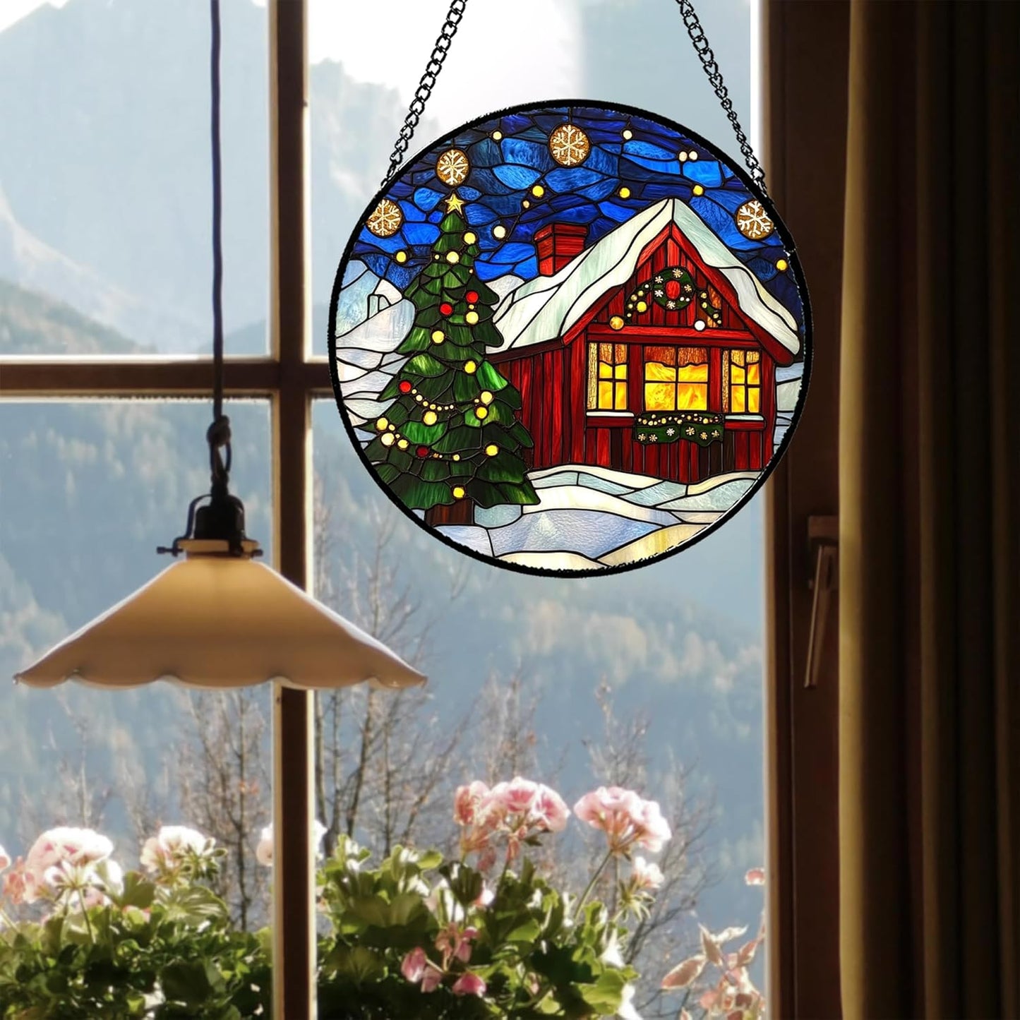 Stained Glass Window Hanging Blue Night Sky Snowflakes Christmas Tree 6.3" - Suncatcher Door Garden Sun Catcher Xmas Holiday Decor Birthday for Mom Men Woman Nana