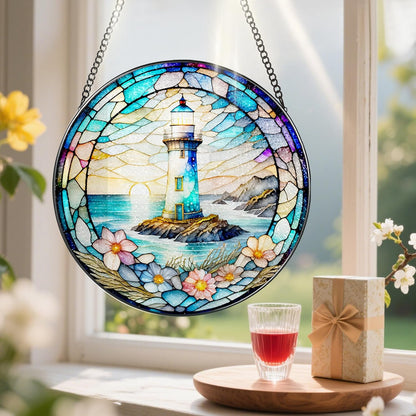 Stained Glass Window Hanging, Pauyadu Lighthouse Sun Catchers, Stained Glass Suncatcher, Lighthouse Decor Gifts for Women, Men, Lovers, Friend, Family and Partners- 8 Inch