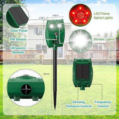 Solar-Powered Ultrasonic Animal Repellent with Motion Sensor, Waterproof Deer Repellent Device with LED Flashing Lights, Perfect for Outdoor Yards, Effective to Repel Deer, Coyotes, Raccoons, and Cats