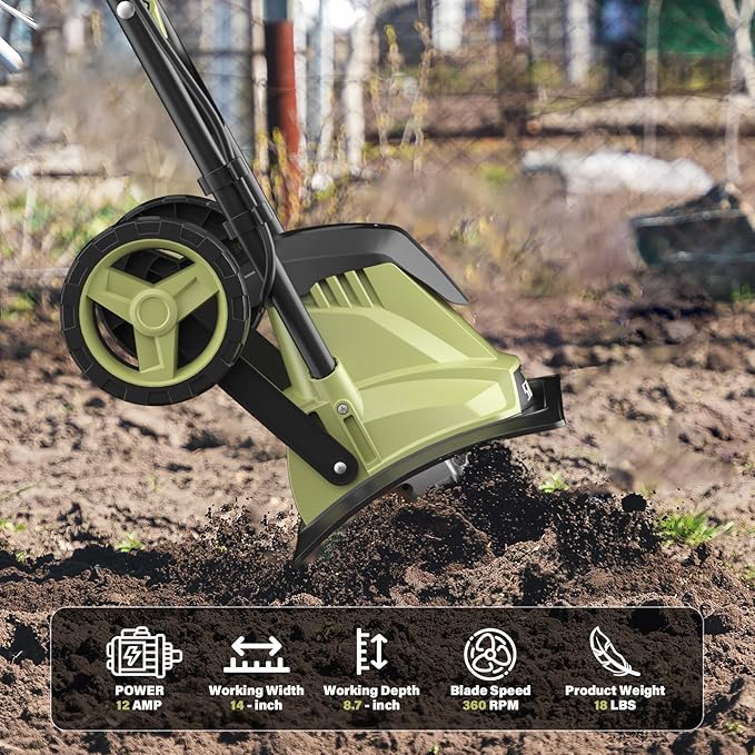 SOYUS 14 Inch Electric Tiller Cultivator 12 Amp Corded Tiller for Gardening, Garden Tiller with Folding Handle, 4 Steel Tines Wheeled Rototiller for Lawn Yard Soil Tilling