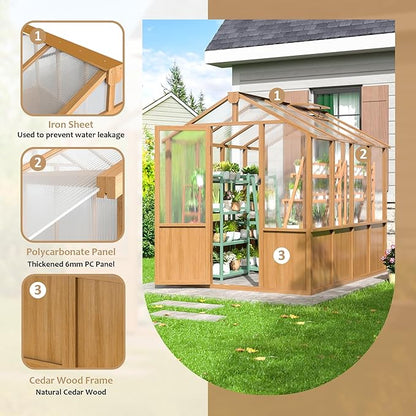6x8 FT Greenhouse, 6MM Thick Polycarbonate Panel Wooden Walk-in Green House with Adjustable Roof Vents and Lockable Door,Garden Backyard, Patio, Lawn, Brown