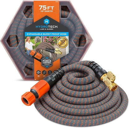 HydroTech 75 ft Expandable Garden Hose - Burst Proof & Lightweight, Flexible Water Hose with Durable Reinfordced Latex Core & Solid Brass Fittings for Lawn, Garden, Car Washing
