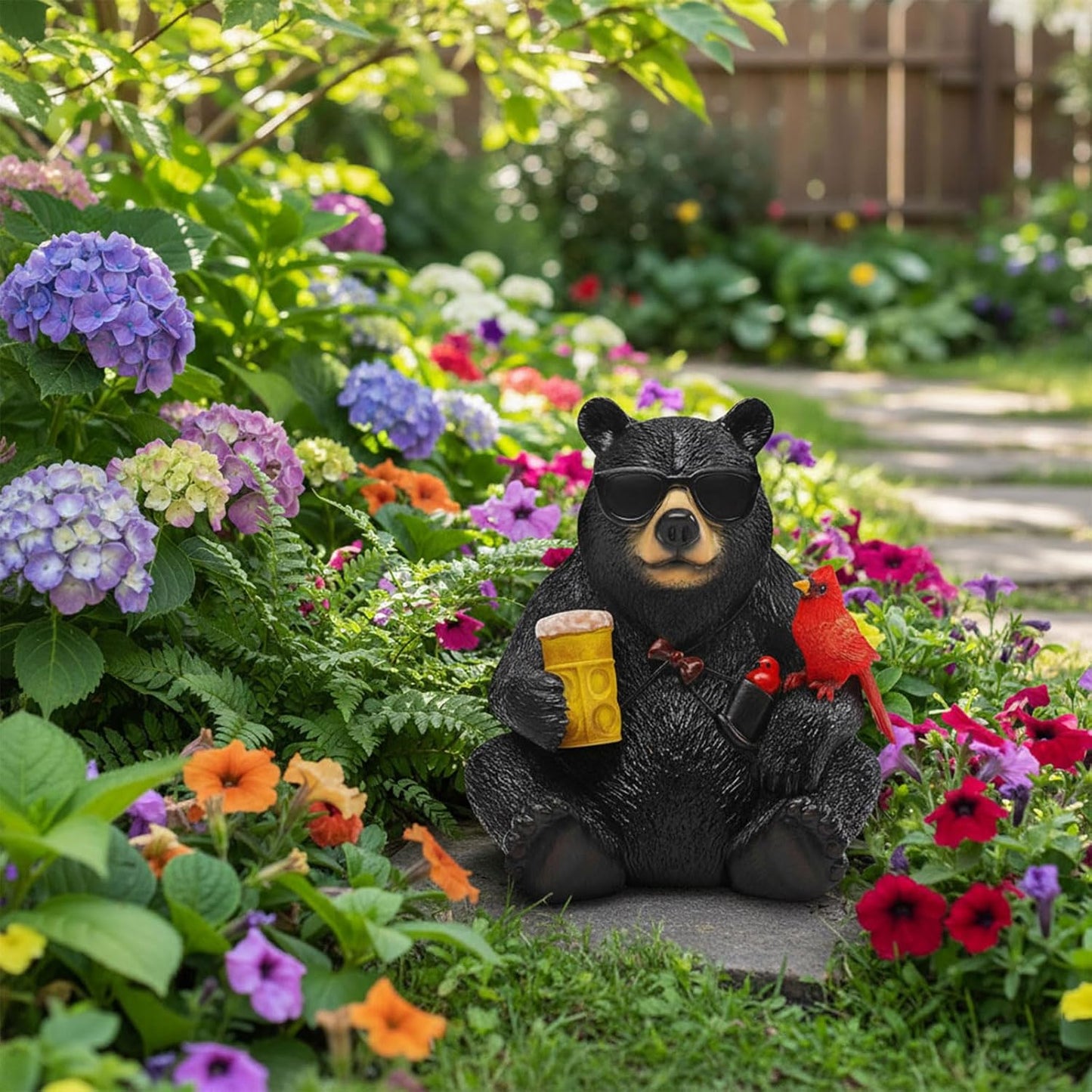 Solar Black Bear Statue for Garden with Beer and Cardinals 6.3" Resin Garden Statues for Outside Yard Paito Porch Decor Birthday Gardening Gifts for Women Mother Sister Grandmother Wife