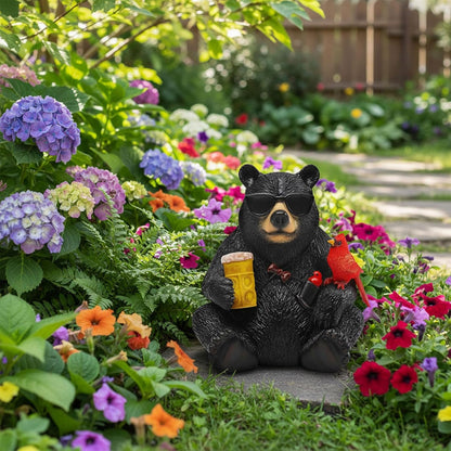 Solar Black Bear Statue for Garden with Beer and Cardinals 6.3" Resin Garden Statues for Outside Yard Paito Porch Decor Birthday Gardening Gifts for Women Mother Sister Grandmother Wife