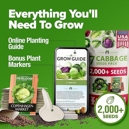 HOME GROWN 7 Cabbage Seeds for Planting - 2000+ Heirloom 𝗡𝗢𝗡-𝗚𝗠𝗢 𝗨𝗦𝗔 Seeds - Golden Acre,BokChoy,Savoy,Michihili, Red Acre, Copenhagen Market,Jersey Wakefield - Vegetable Seeds for Planting