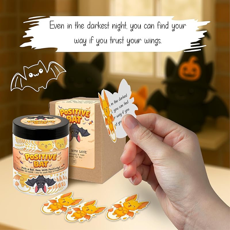 Positive Bat Jar with 60 Affirmation Cards, Emotional Support Bat, Halloween Gifts For Women Teens, Bats Halloween Decor, Bat Gifts, Boo Basket Stuffers For Women