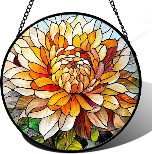 Stained Glass Window Hanging - Chrysanthemum Suncatcher for Doors Garden Patio Birth Flowers Sun Catchers Decor Christmas Mother's Day Birthday Gifts for Women Men Mom Nana Friend 6.3 in