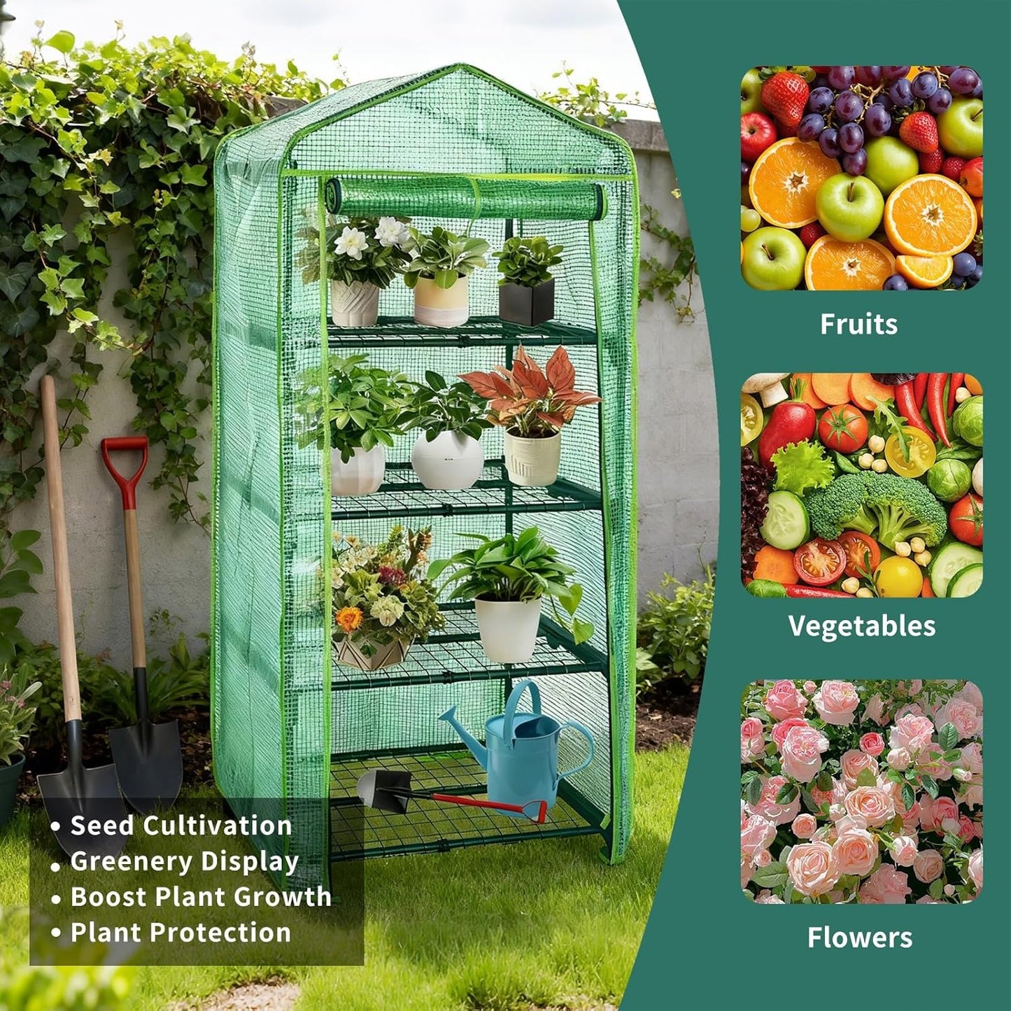 4 Tier Mini Indoor Greenhouse,27"x19"x62" Greenhouses with PE Cover and Roll-Up Zipper Door,Plastic Green House for Inside Grow Tent&Garden greenhouses for Outdoors