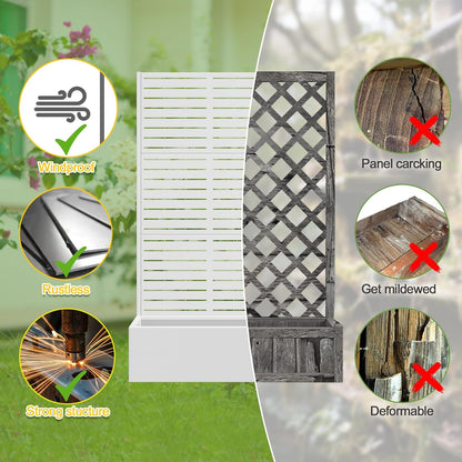 FENCY Metal Raised Garden Bed with Trellis, Metal Planter Box with Trellis, Garden Box for Climbing Plants Vegetable, 35" Lx16 Wx71 H Garden Bed with Drainage Holes(White-Louvered)