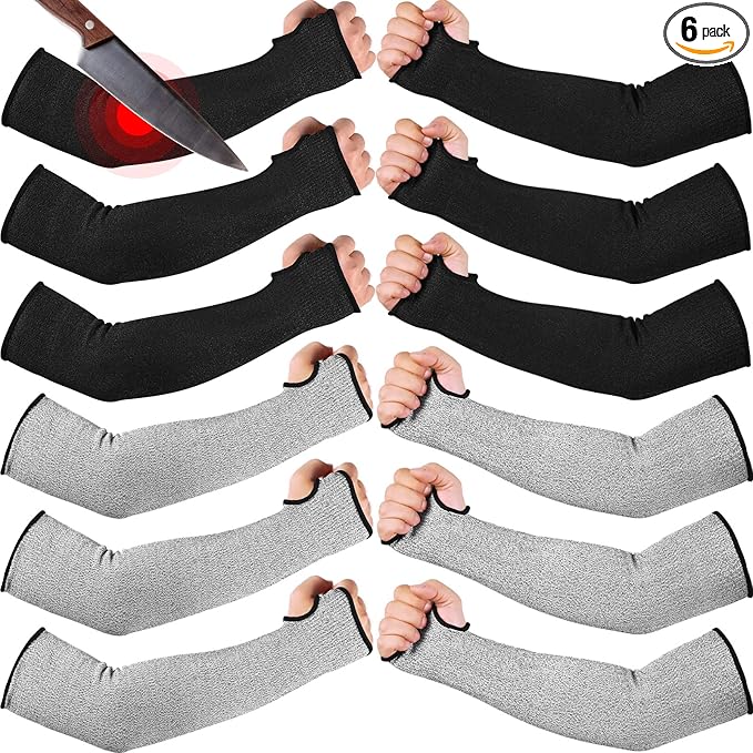 JaGely 6 Pairs Level 5 Cut Resistant Sleeves with Thumb Hole 18 Inches Arm Protection Sleeve Farmer Gardening (Black, Gray)