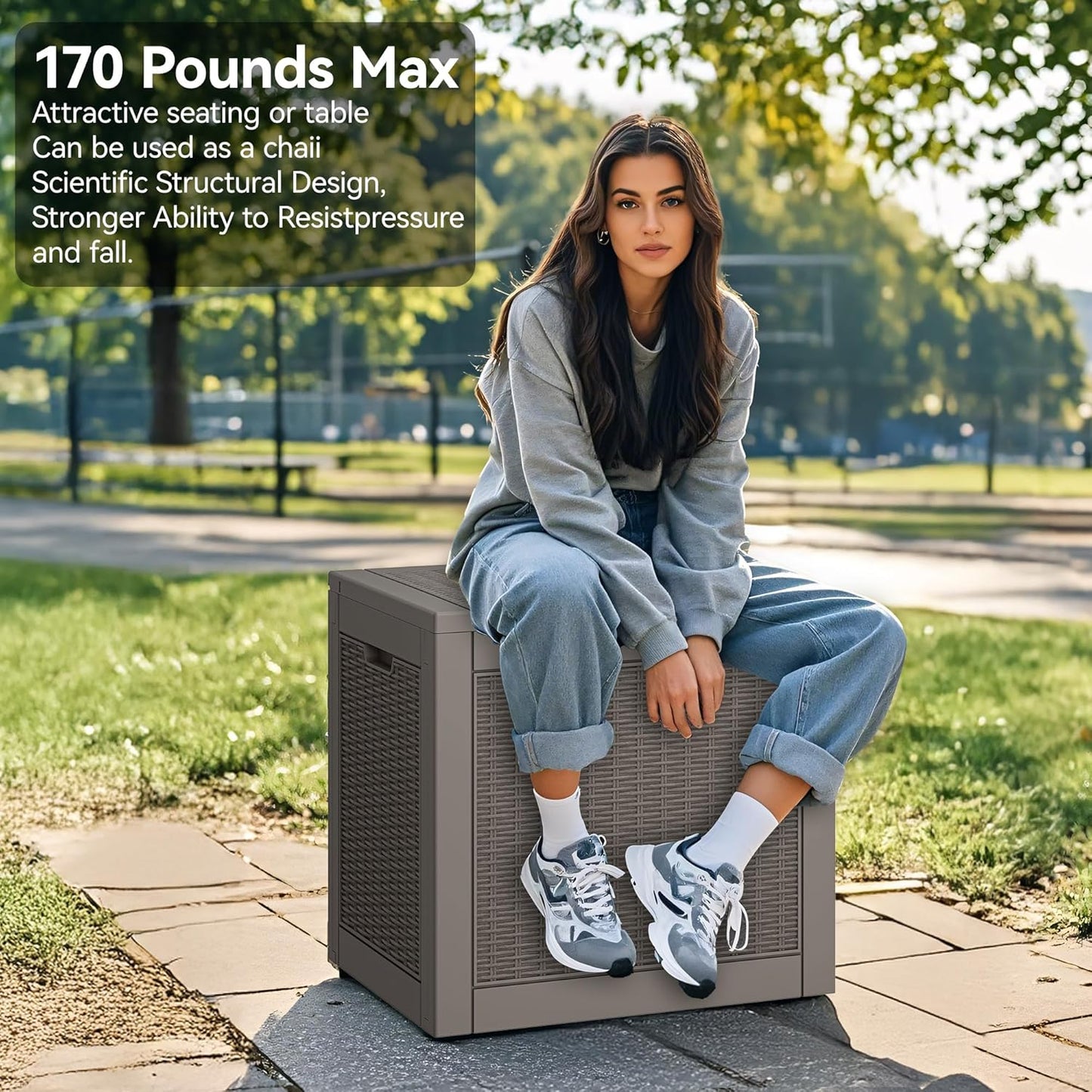 Outdoor Storage Box, Resin Deck Boxes Indoor and outdoor, Waterproof Storage Box Lockable Lid (Grey, 35 Gallon)