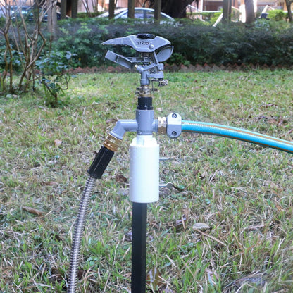 STYDDI T-Post Fence Sprinkler, Metal Impact Sprinkler Head on Fence T-Post Base with Flow Through, Irrigation Zinc-Alloy Adjustable T-Post Impulse Sprinkler