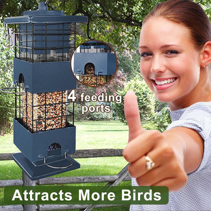 Squirrel Proof Bird Feeder, Metal Bird Feeders for Outdoors, 3 Lbs Birdfeeder Outside Hanging, Weight Activated Spring, 4 Feeding Ports, Cardinals, Finches & Sparrows, Wild Birds, Blue