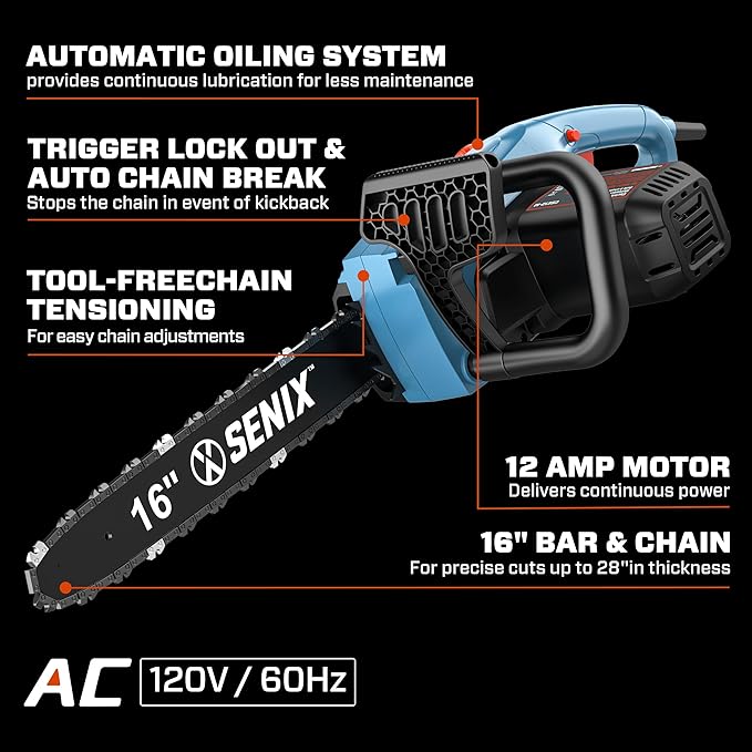 SENIX Electric Chainsaw, 16" Corded Chainsaw,12 Amp Chain Saw for Wood Cutting, Tree Trimming, Garden Tool for Pruning, Branch Cutting, Yard, Fathers Day Gift for Men,Gardener, CSE12-M