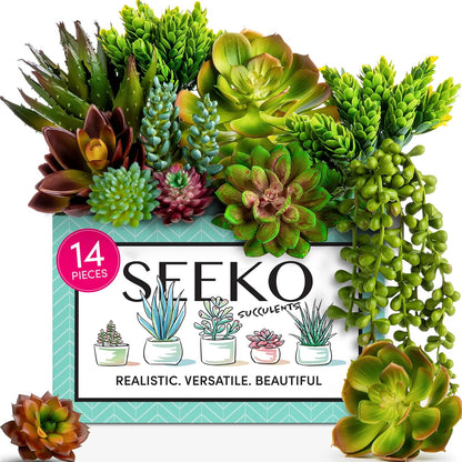 SEEKO Succulents Plants Artificial (14 Pack) - Premium Fake Succulents - Realistic Artificial Succulents Unpotted - Faux Plants for Craft - Small Assortment for Party, Garden, Home & Outdoor Decor
