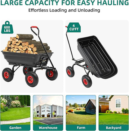 600lb Garden Dump Cart,4 Cu.Ft Utility Wagon Wheelbarrows with Quick-Release System&4 Pneumatic Tires,Heavy Duty Yard Dump Wagon with Steel Frame for Farm, Garden,Halloween Hauling(Black)