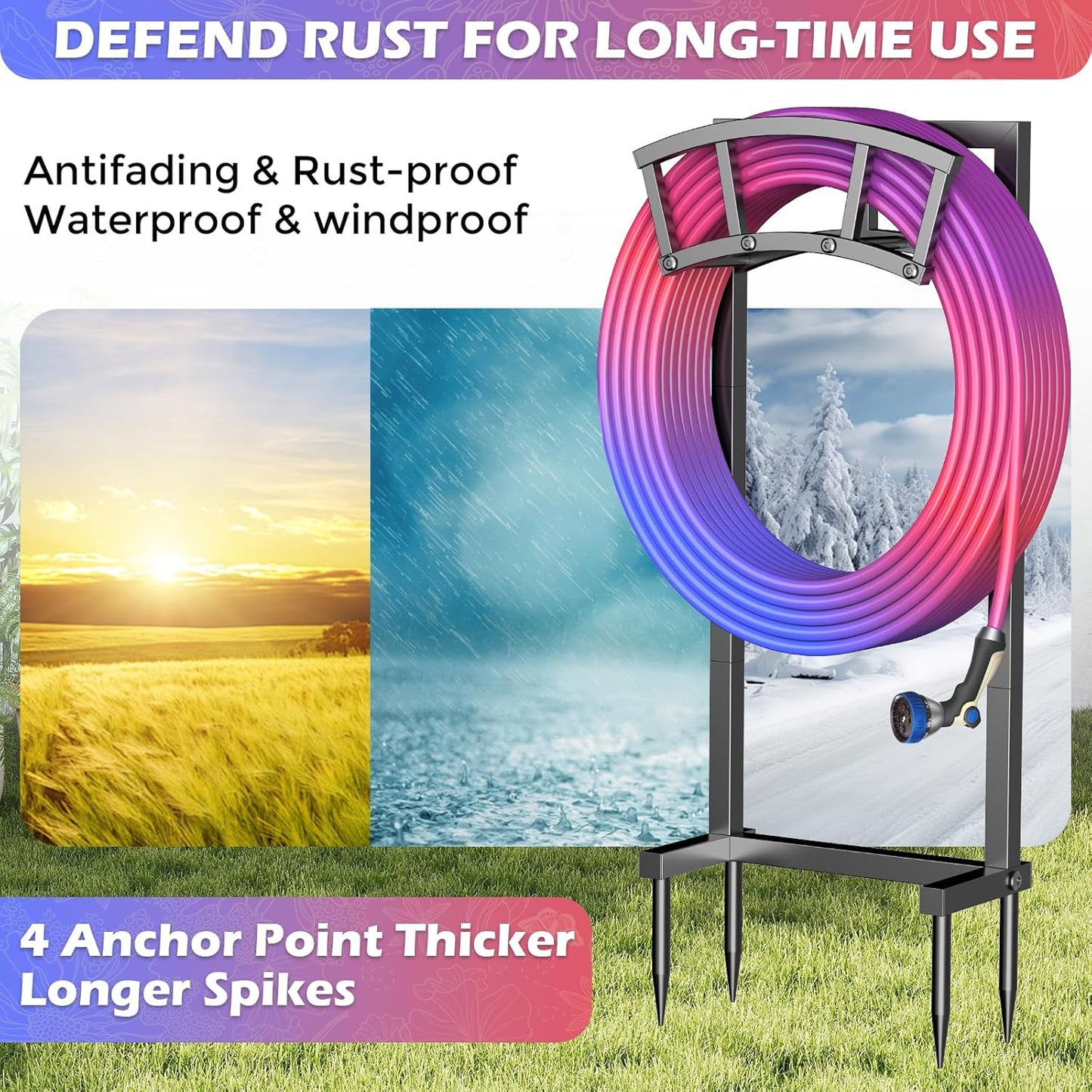 Garden Hose Holder Freestanding, Outdoor Heavy Duty Water Hose Holder Reel with 4 Spikes Holds 150-ft Water Pipe, Detachable Metal Hose Storage Stand Hanger Rack for Outside Yard Lawn Farm, Black