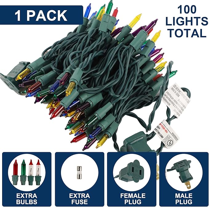 Multicolor Christmas String Lights, 100 Count, Incandescent Mini Christmas Lights, Connectable Xmas Tree Light for Indoor Outdoor Garland Birthday Holiday Wedding Festival Party