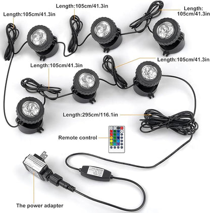RGB Pond Lights with Timer, LED Underwater Submersible Colorful Landscape Spotlights, 98ft Remote Control IP68 Waterproof Fountain Lights for Fish Aquarium Tank Garden Yard Pool (Set of 6)