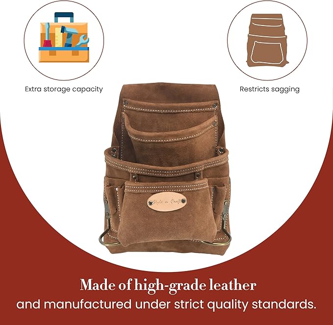 Style n Craft 10-Pocket Carpenter’s Nail and Tool Pouch, Heavy-Duty Suede Leather Pouch, Dark Tan (88923)