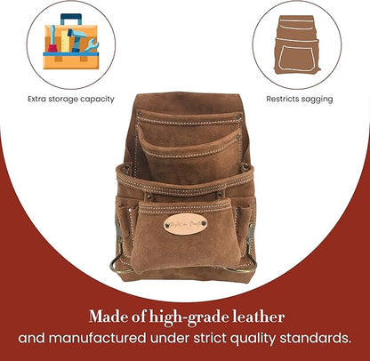 Style n Craft 10-Pocket Carpenter’s Nail and Tool Pouch, Heavy-Duty Suede Leather Pouch, Dark Tan (88923)