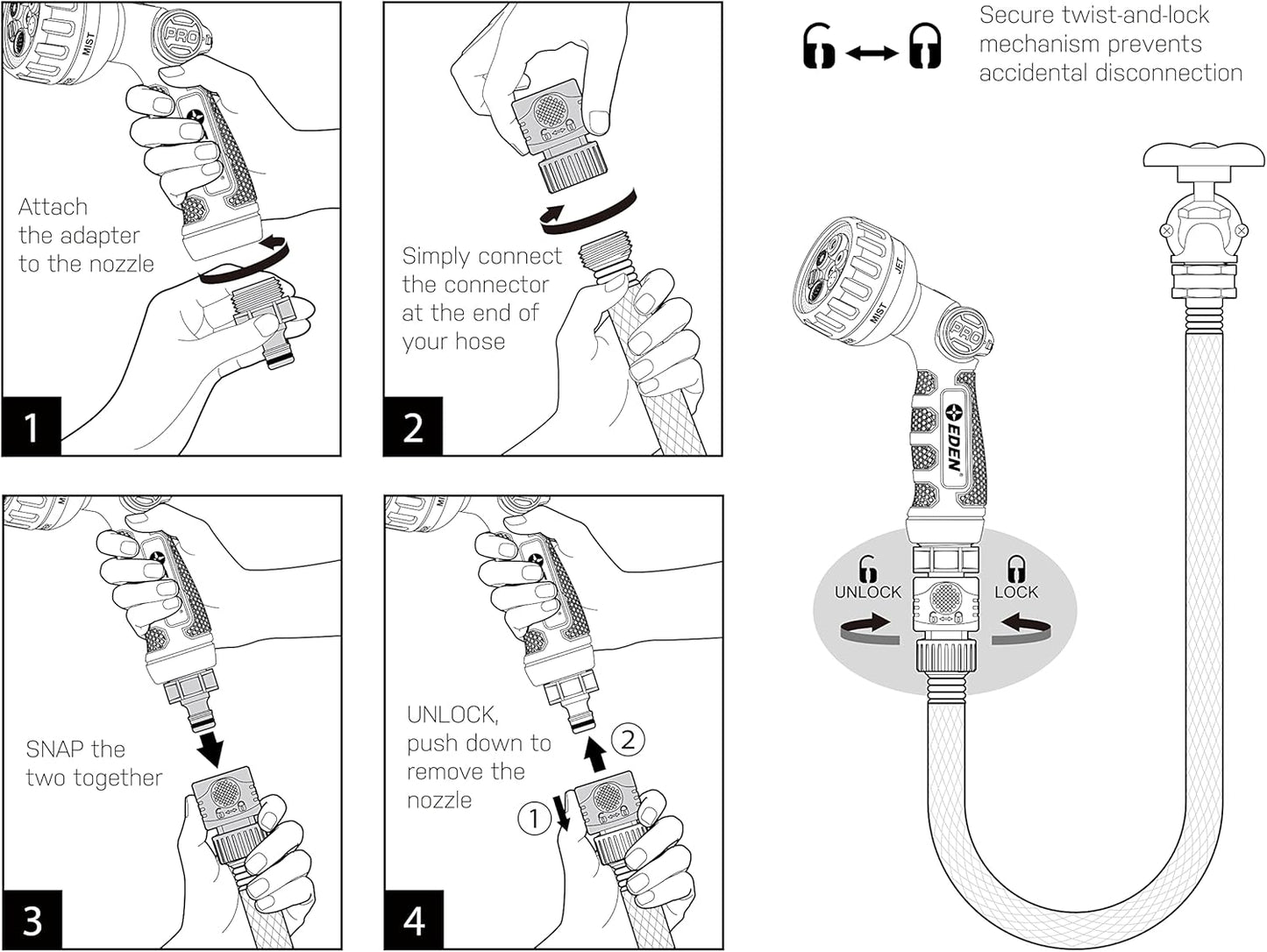 Eden 94814 Metal Thumb Control Heavy Duty Garden Hose Nozzle, Water Sprayer Nozzle with 6 Adjustable Watering Patterns, W/Quick Connect Starter Set for Plants, Lawn, Garden