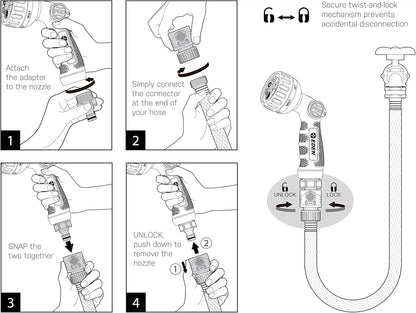 Eden 94814 Metal Thumb Control Heavy Duty Garden Hose Nozzle, Water Sprayer Nozzle with 6 Adjustable Watering Patterns, W/Quick Connect Starter Set for Plants, Lawn, Garden