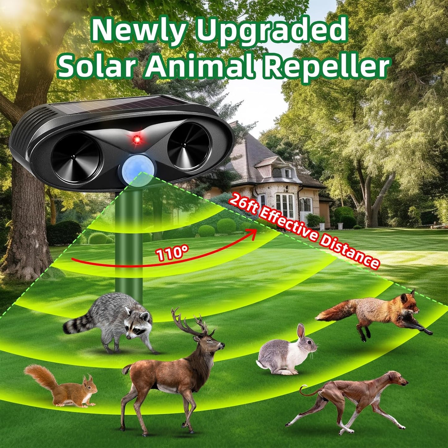 Upgraded Solar Animal Repellent, 2 Pack Ultrasonic Animal Repeller Outdoor USB Charge with Motion Sensor Cat, Deer, Squirrel, Dog,Raccoon,Skunk,Rodent,Rabbit Repellent for Yard Garden Lawn,Black