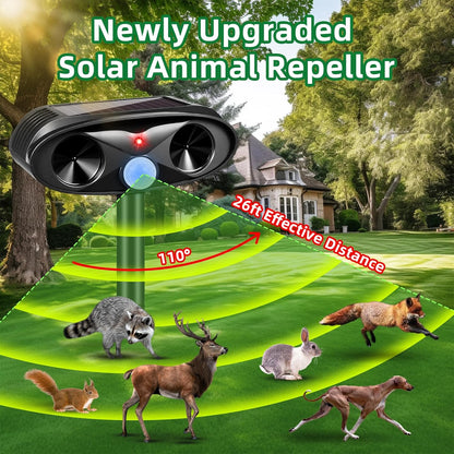 Upgraded Solar Animal Repellent, 2 Pack Ultrasonic Animal Repeller Outdoor USB Charge with Motion Sensor Cat, Deer, Squirrel, Dog,Raccoon,Skunk,Rodent,Rabbit Repellent for Yard Garden Lawn,Black