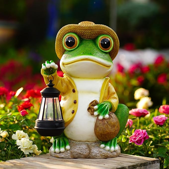 Large Frog Garden Statue, 13.3 Inches Tall, Resin Frog Decor with Solar Lantern for Outdoor Decoration and Housewarming