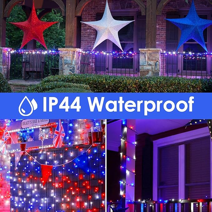 200 LED Red White and Blue Christmas String Lights Outdoor Indoor, 75.8 FT 4th of July Patriotic Lights, Extendable Green Wire Waterproof Mini light for Independence Day Memorial Day Party Decorations