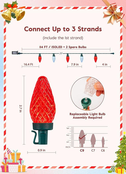 Brightown C9 Christmas Lights Outdoor, 114FT 150 LED Red and Pure White String Lights with Timer, 8 Modes, UL Listed Waterproof Connectable Christmas Tree Lights for House, Roof, Garden, Patio Decor