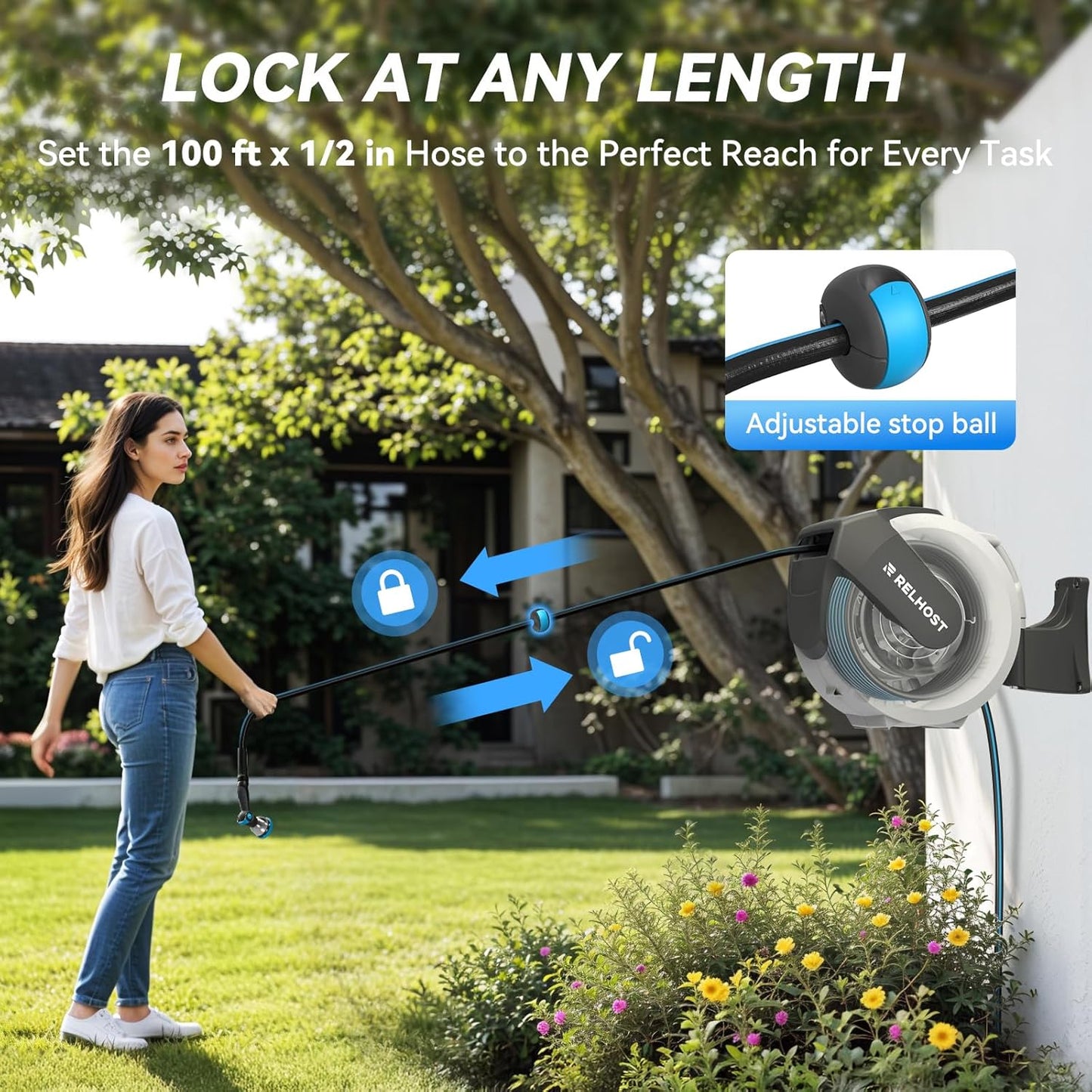 Retractable Garden Hose Reel 100 ft x 1/2 in, Heavy Duty Hose Reel Wall Mount with Any Length Lock, Auto Rewind System, 180° Swivel Bracket, 10-Pattern Garden Hose Nozzle, White & Grey